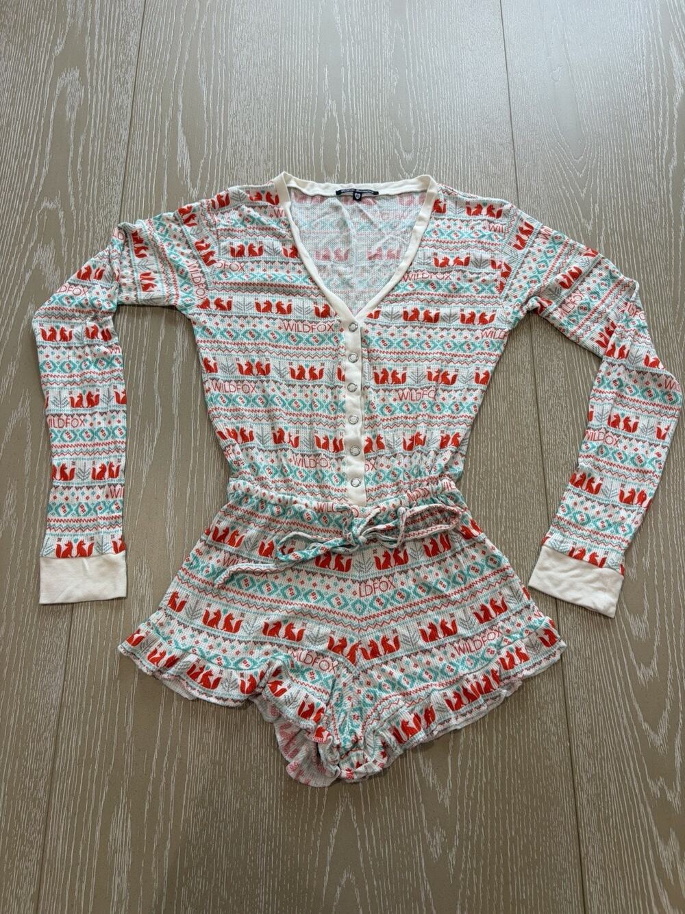 Wildfox Long Sleeve Snap-Button Waist-Tie Ruffled Shorts Romper Playsuit XS